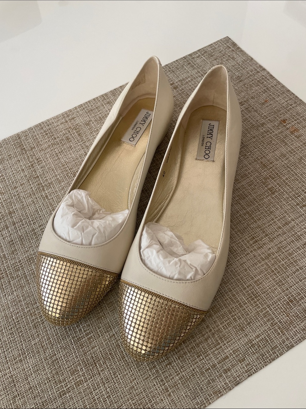 Jimmy Choo Cream Leather Flats with Metallic Gold Toe